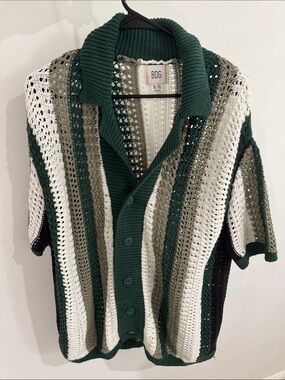 BDG Men's Green, Cream & Olive Striped Open-Knit Button Up Short Sleeve Shirt